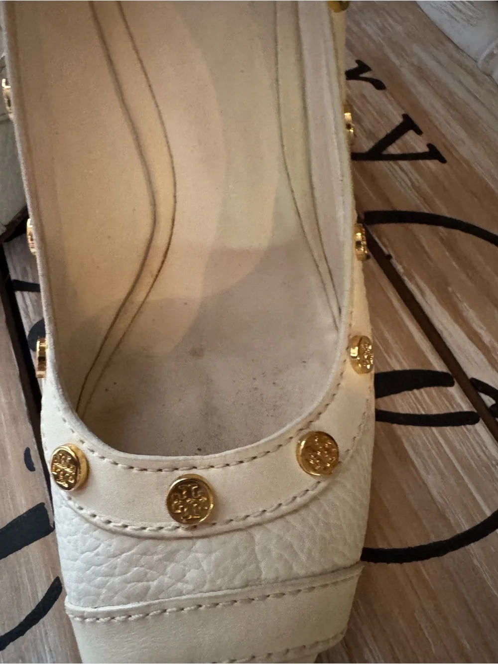 Tory Burch White Leather Peep-Toe Wedges with Gold Studs